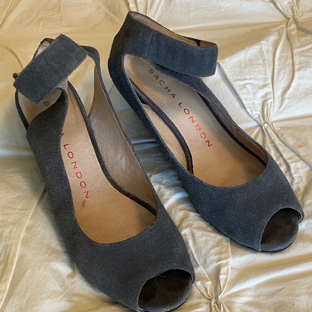 Sacha London Blue Gray Suede Peep Toe Heels